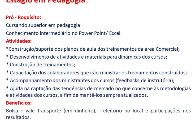 [GEBE Empregos] Estágio em Pedagogia 04/09