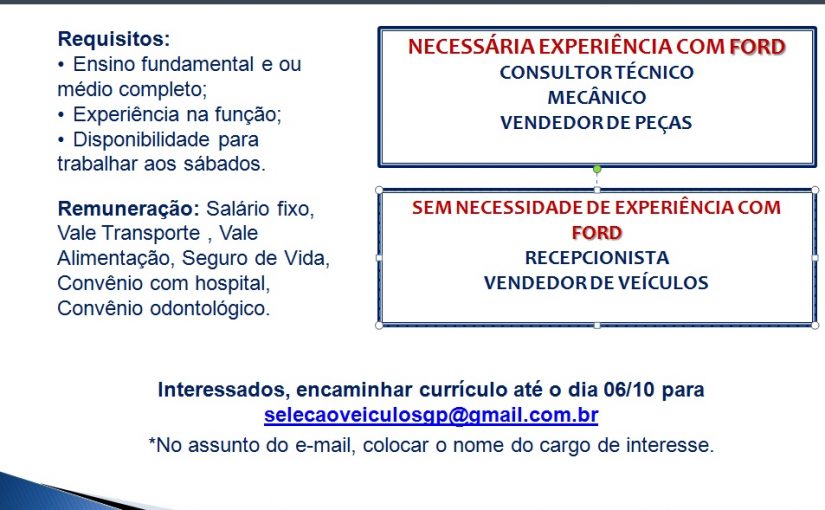 [GEBE Empregos] Retificando – CONCESSIONÁRIA CONTRATA PROFISSIONAIS PARA DIVERSOS CARGOS 21/09