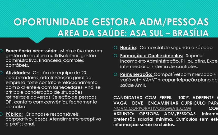 [GEBE Empregos] VAGA GERENTE ADM/PESSOAS 22/09