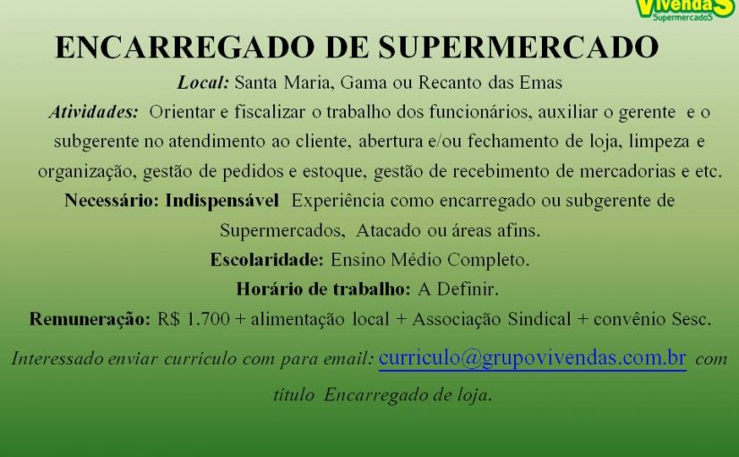 [GEBE Empregos] ESTOQUISTA GAMA E RECANTO DAS EMAS 05/09