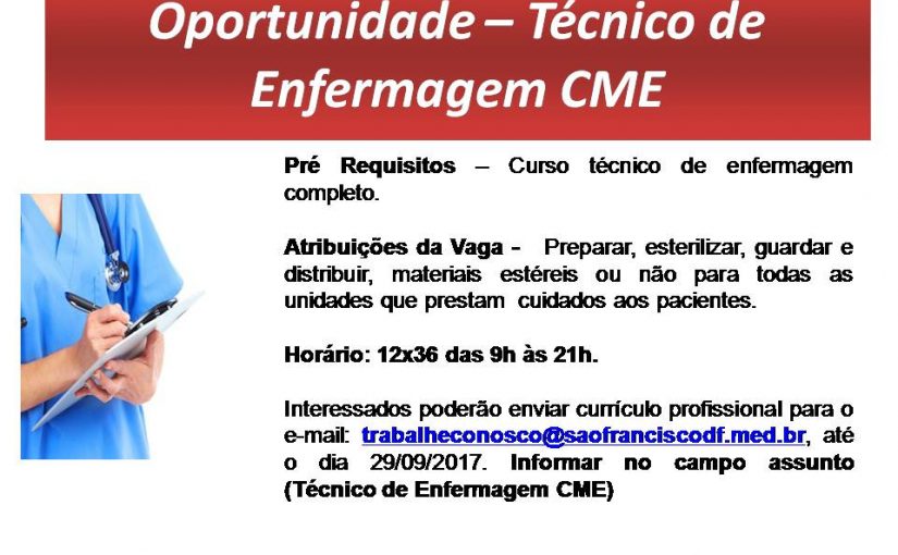 [GEBE Empregos] Técnico de Enfermagem CME – 25/09