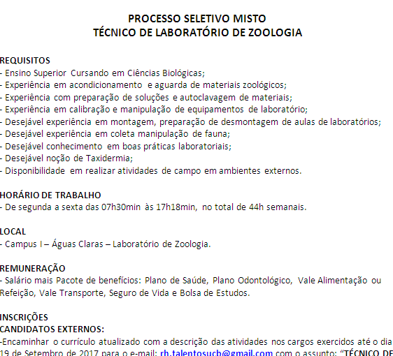 [GEBE Empregos] Vaga: Técnico de Laboratório de Zoologia 13/09