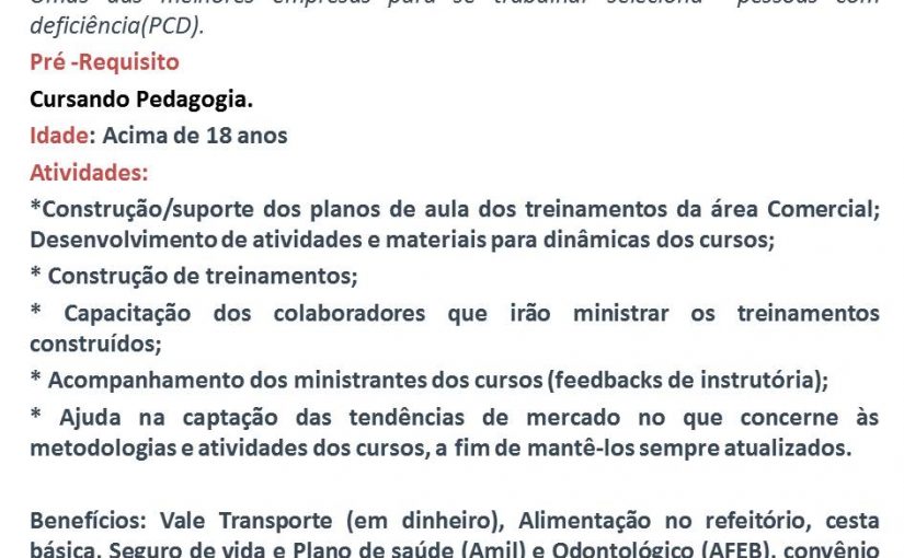 [GEBE Empregos] Vaga exclusiva para pessoas com deficiência 01/09