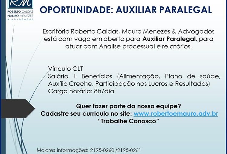 [GEBE Empregos] Oportunidade: Auxiliar Paralegal 15/09