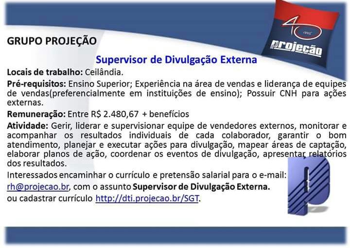 [GEBE Empregos] Supervisor de Divulgação – Grupo Projeção – 06/09