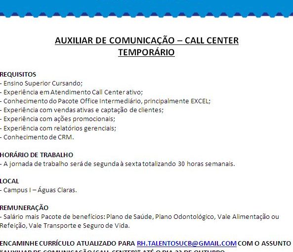 [GEBE Empregos] Vaga: Auxiliar de Comunicação – Retificação – 17/10