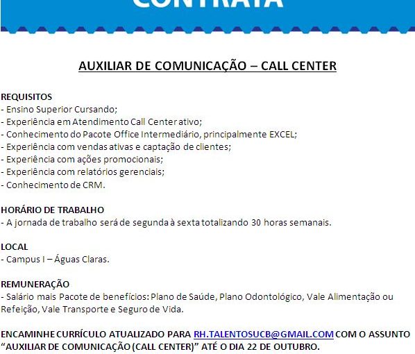 [GEBE Empregos] Vaga: Auxiliar de Comunicação – 17/10