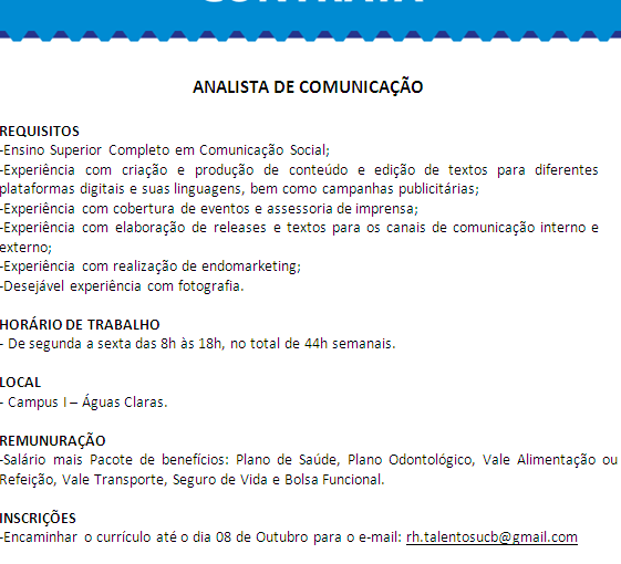 [GEBE Empregos] Vaga: Analista de Comunicação – 03/10