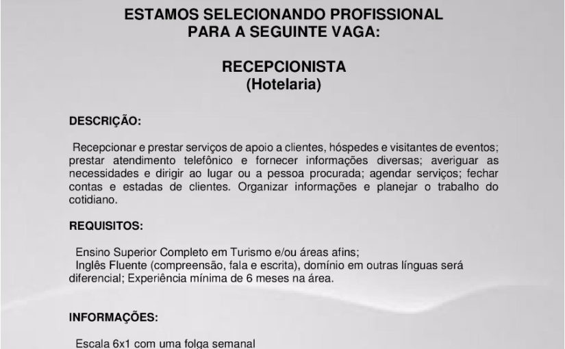 [GEBE Empregos] Vaga – Recepcionista – 20/11