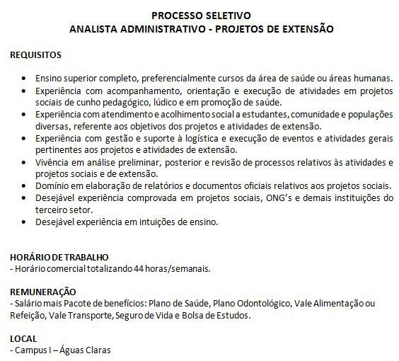 [GEBE Oportunidades] Analista Administrativo Projeto e Extensão – Universidade Católica de Brasília – 19/02