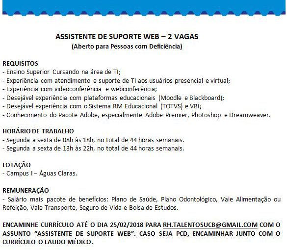 [GEBE Oportunidades] Assistente de Suporte Web – Universidade Católica de Brasília – 26/02