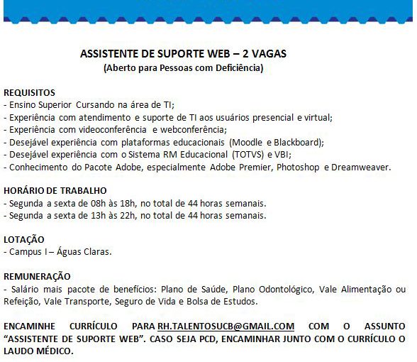 [GEBE Oportunidades] Assistente de Suporte Web – Universidade Católica de Brasília – 06/03