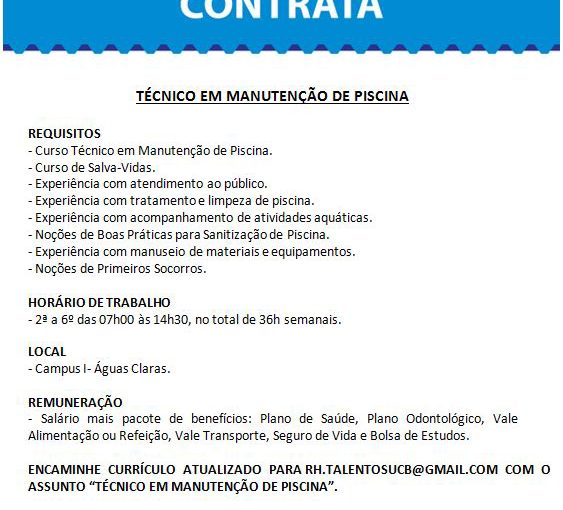 [GEBE Oportunidades] Técnico em Manutenção de Piscina – Universidade Católica de Brasília – 14/03