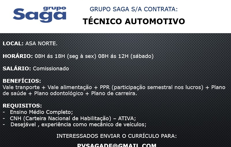 [GEBE Oportunidades] 04 VAGAS – GRUPO SAGA – 19/07