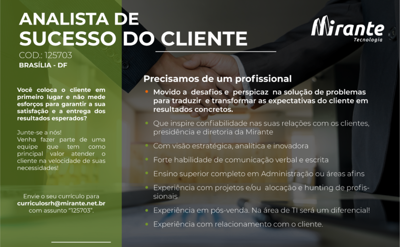 [ClubInfoBSB] Oportunidade Mirante Tecnologia – Analista de Sucesso do Cliente