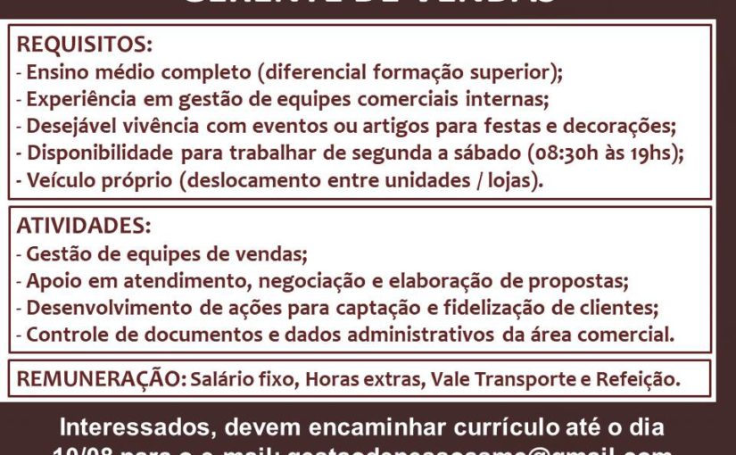 [GEBE Oportunidades] Oportunidade – Gerente de Vendas – 06/08