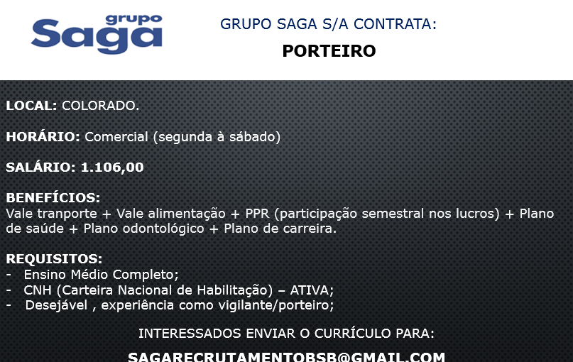 [GEBE Oportunidades] OPORTUNIDADE – PORTEIRO – GRUPO SAGA 03/08