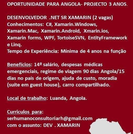 [ClubInfoBSB] Oportunidade Luanda Angola -.Net Sênior e Xamarin