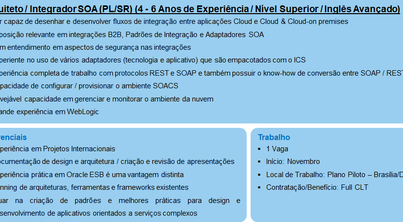 [ClubInfoBSB] Vagas Brasilia – Multinacional – Desenvolvedor Java Web Portal e Integrador Oracle SOA