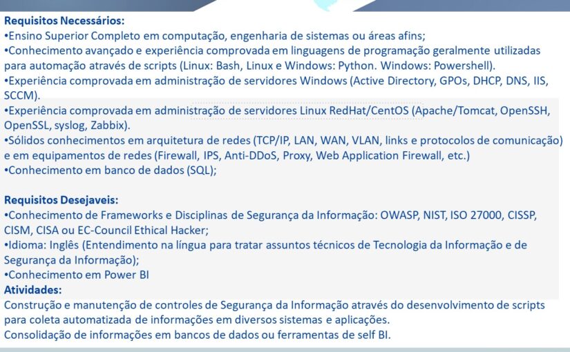 [ClubInfoBSB] OPORTUNIDADE PARA ANALISA DE INFRAESTRUTURA ESPECIALISTA