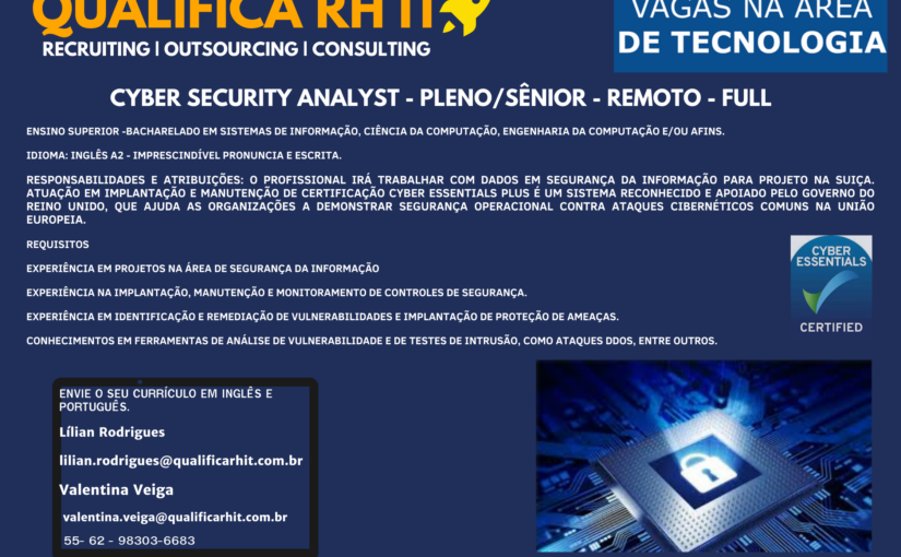 [ClubInfoBSB] CYBER SECURITY ANALYST – PLENO/SÊNIOR – REMOTO – FULL