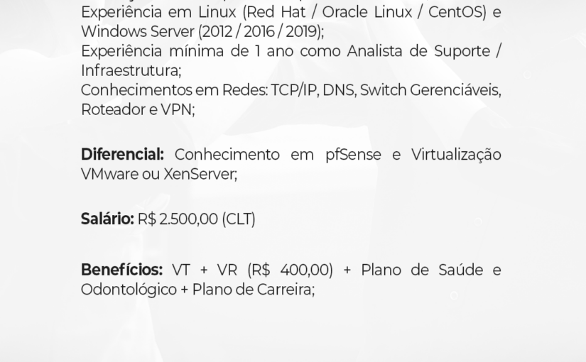 [ClubInfoBSB] VAGA ANALISTA DE INFRAESTRUTURA NÍVEL 1