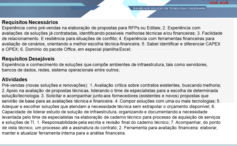 [ClubInfoBSB] OPORTUNIDADE PARA ANALISTA DE INFRAESTRUTURA