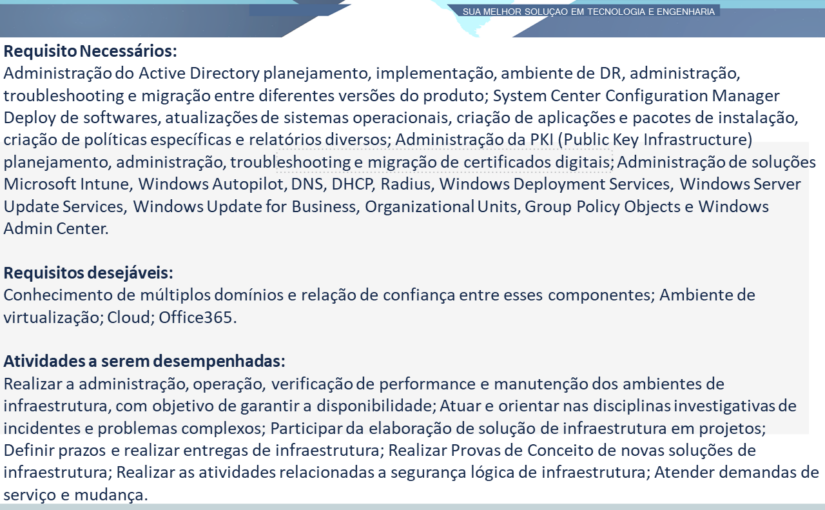 [ClubInfoBSB] OPORTUNIDADE PARA ANALISTA DE INFRAESTRUTURA SENIOR (HOME OFFICE)