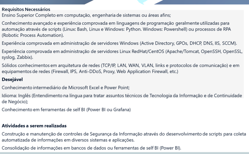 [leonardoti] OPORTUNIDADE PARA ANALISTA DE INFRAESTRUTURA ESPECIALISTA (HOME OFFICE)