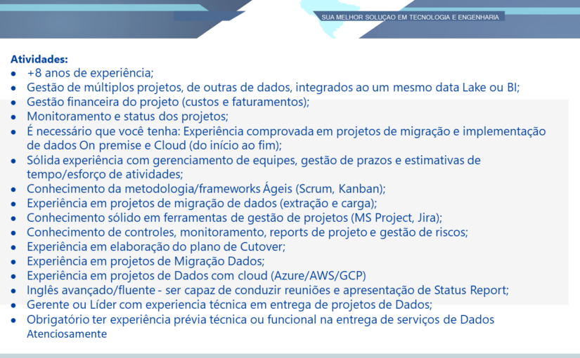 [ClubInfoBSB] OPORTUNIDADE PARA GERENTE DE PROJETOS DE MIGRAÇÃO / SEGREÇÃO DE DADOS