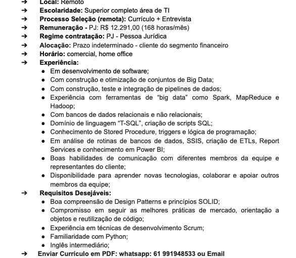 [ClubInfoBSB] Contratação Imediata: Engenheiro Data Analytics ( REMOTO )