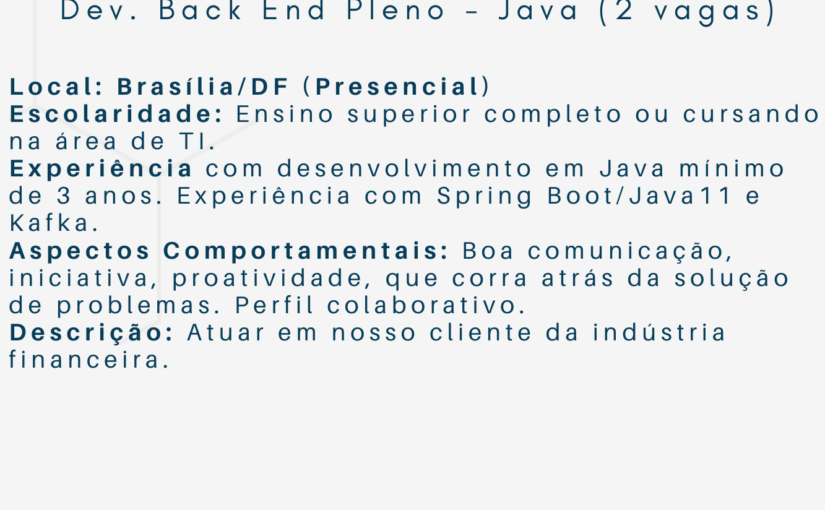 [ClubInfoBSB] Vaga Dev. Back End Pleno – Java (2 vagas)