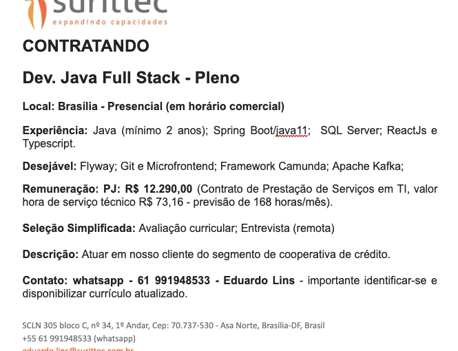 [ClubInfoBSB] Vaga – Dev. Java Pleno – Surittec