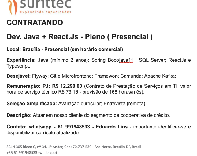 [ClubInfoBSB] Vaga: Dev React.Js + Java Pleno ( Presencial )