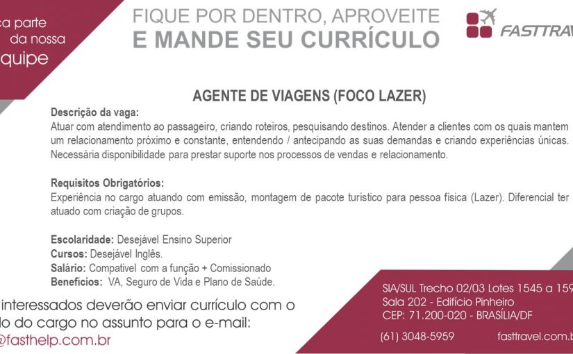 [Grupo Empregos em Brasília] Vaga: Agente de Viagens – 08/11/16