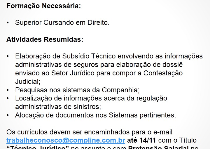 [Grupo Empregos em Brasília] VAGA- SELEÇÃO TÉCNICO JURÍDICO – 11/11/16