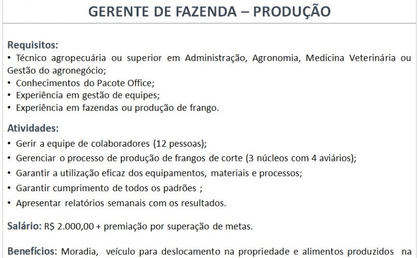 [Grupo Empregos em Brasília] Vaga Gerente de Fazenda 16/11/16