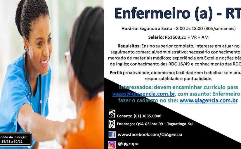 [Grupo Empregos em Brasília] Vaga – Enfermeiro – 24/11/16