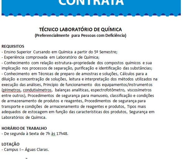 [Grupo Empregos em Brasília] TÉC. LABORATÓRIO DE QUÍMICA 231116 09:31