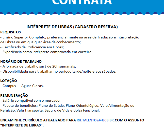 [Grupo Empregos em Brasília] CADASTRO RESERVA: INTÉRPRETE DE LIBRAS 06/12/16