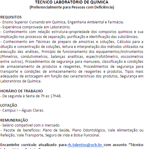 [Grupo Empregos em Brasília] Técnico Laboratório de Química – 07/12/16