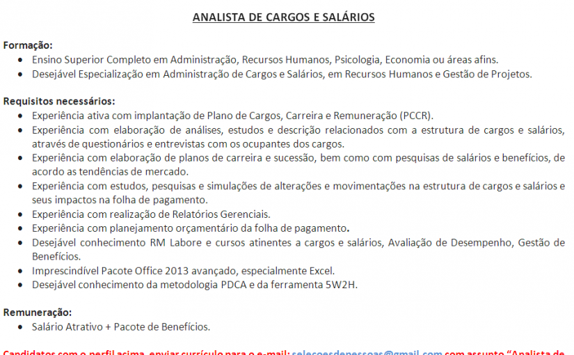 [Grupo Empregos em Brasília] Vaga – Analista de Cargos e Salários – 23/01/17