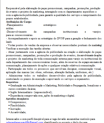 [Grupo Empregos em Brasília] Vaga – Supervisor de mkt – 26/01/17