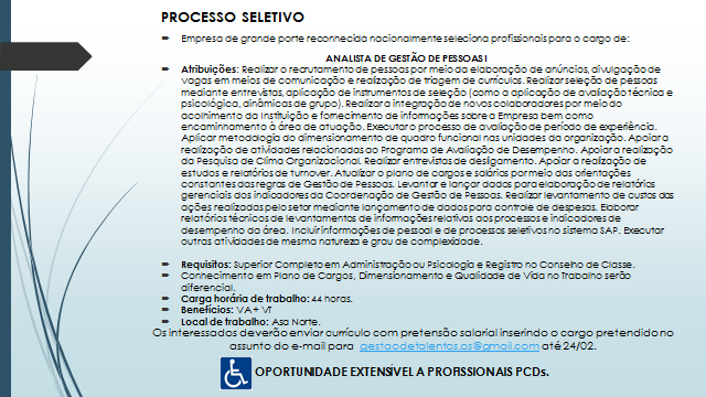 [Grupo Empregos em Brasília] Vaga – Analista de Gestão de Pessoas I