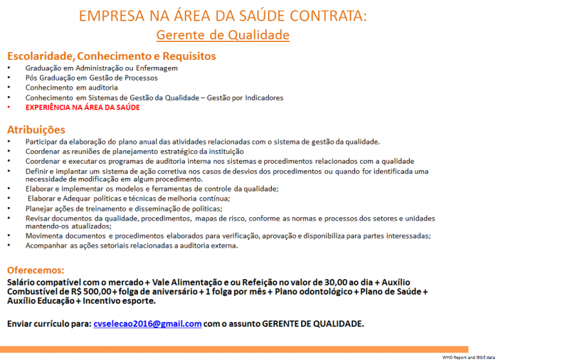 [Grupo Empregos em Brasília] Vaga de Gerente de Qualidade 16/03/17