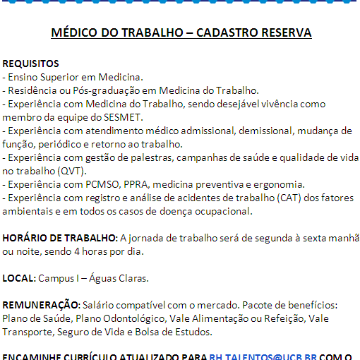 [Grupo Empregos em Brasília] Médico do Trabalho – Cadastro Reserva – UCB – 21/03/17