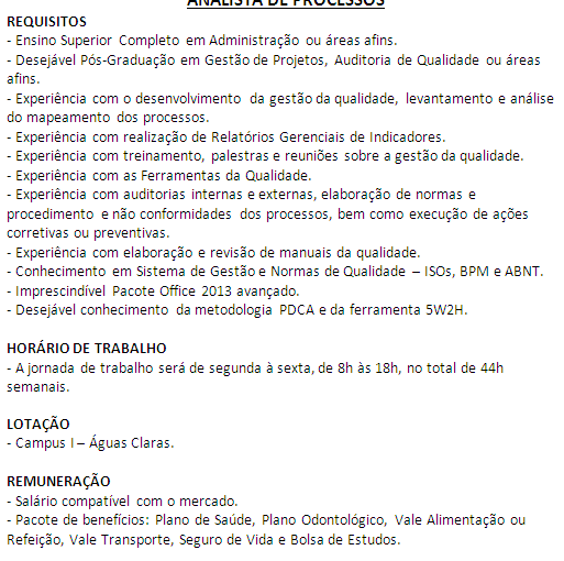 [Grupo Empregos em Brasília] Analista de Processos – UCB – 24/03/17