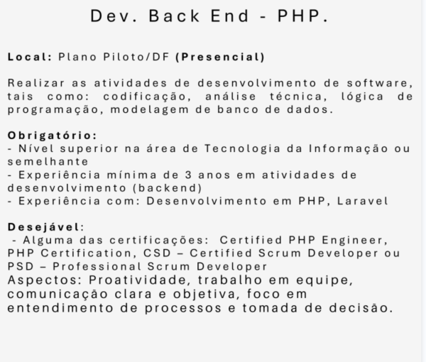 [ClubInfoBSB] Vaga – Dev. Back End PHP – Presencial (DF)