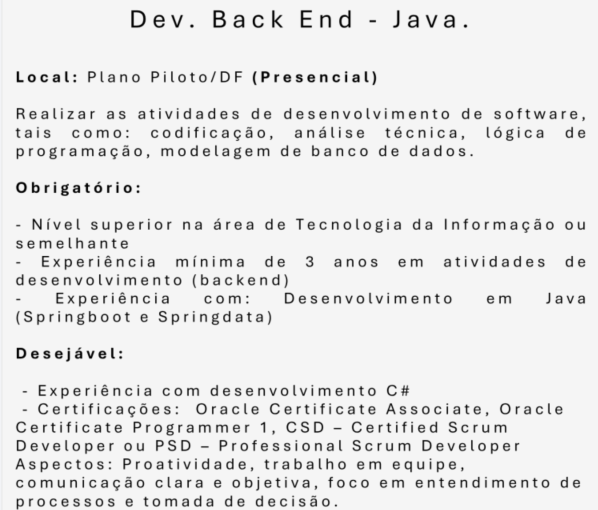 [ClubInfoBSB] Vaga – Dev. Bach End Java pleno – Presencial (DF)