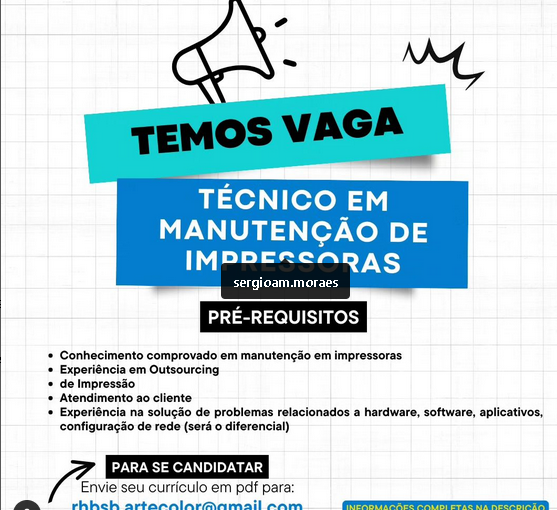 [ClubInfoBSB] Fwd: Vaga – TÉCNICO EM MANUTENÇÃO DE IMPRESSORAS